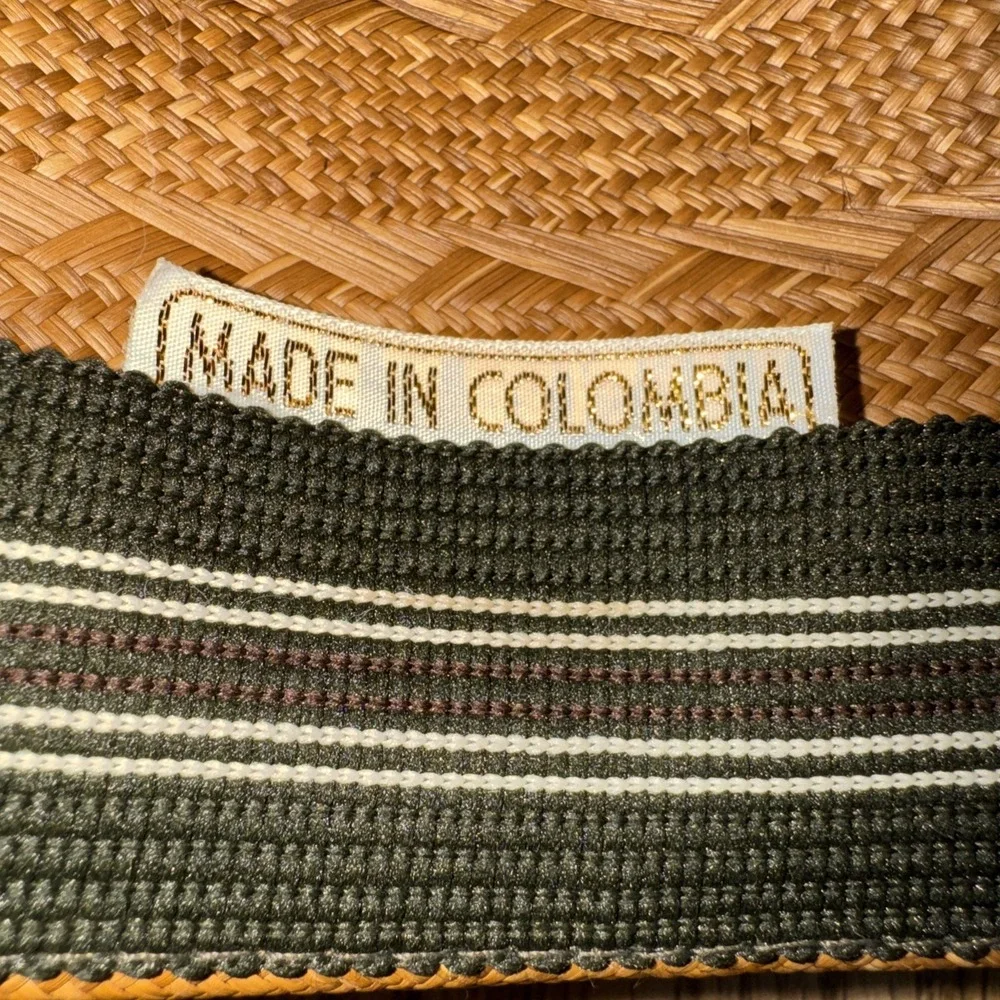 VTG  WW Straw Fedora Hat Brown Woven Wide Brim Grosgrain Green Band Columbia M
